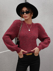 Heathered Long Lantern Sleeve Rib-Knit Sweater