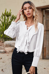 Notched Neck Lantern Sleeve Ruffle Trim Blouse