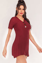 Buttoned Short Sleeve V-Neck Knit Dress