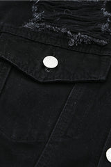 Distressed Button-Up Denim Jacket with Pockets