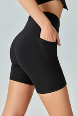 V-Waist Ribbed Sports Biker Shorts with Pockets