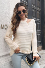 Ribbed Cold Shoulder Round Neck Pullover Sweater