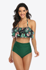 Two-Tone Ruffled Halter Neck Two-Piece Swimsuit