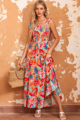 Printed Tie Shoulder Smocked Tiered Maxi Dress