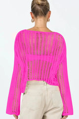 Openwork Boat Neck Long Sleeve Cover Up