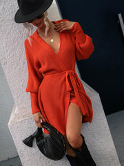 Belted Surplice Lantern Sleeve Wrap Sweater Dress