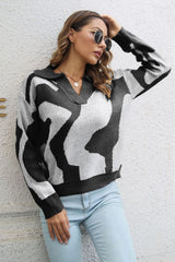 Two-Tone Johnny Collar Dropped Shoulder Pullover Sweater