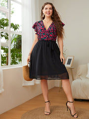 Plus Size Floral Surplice Neck Flutter Sleeve Dress