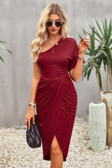 Ruched One-Shoulder Tulip Hem Dress