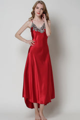 Full Size Lace Trim V-Neck Spaghetti Strap Satin Night Dress