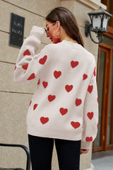 Heart Pattern Lantern Sleeve Round Neck Tunic Sweater