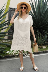 V-Neck Short Sleeve Fringe Hem Knit Dress